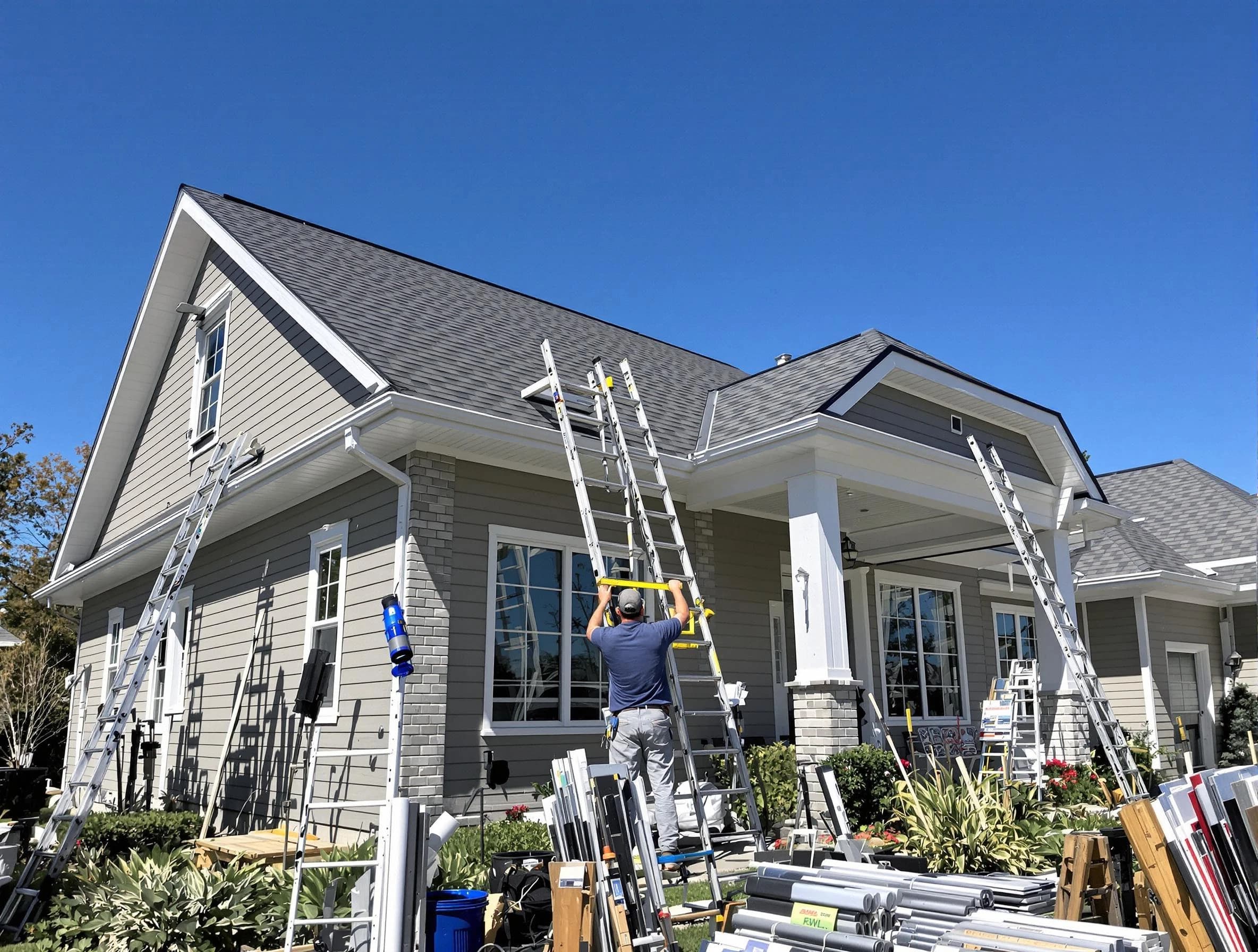 Euclid Roofing Company fitting rain gutters at a home in Euclid, OH